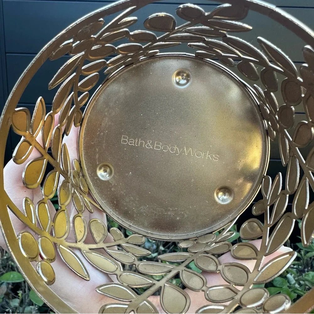 Bath & Body Works Gold Red Glitter Metal 3-Wick Candle Holder Collectible